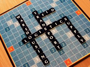 Scrabble-like board displaying words related to logistics: