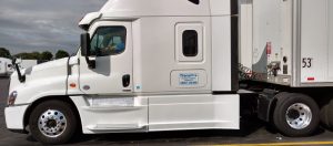 White semi-truck with a gray trailer parked